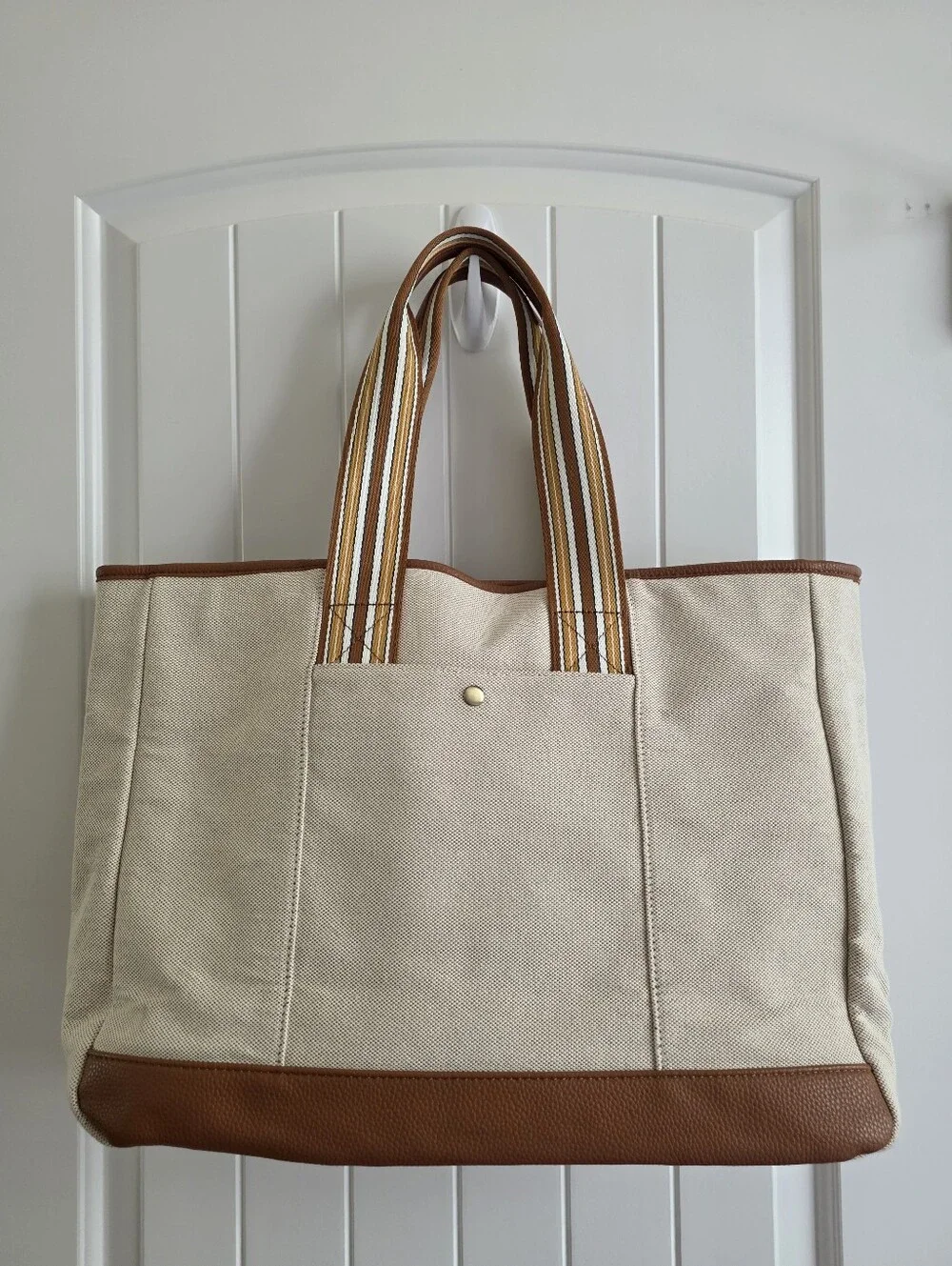 Canvas Capri Tan Stripe Tote Bag with Striped Handles - Cream & Tan - Brand New